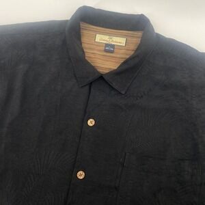 Tommy Bahama Button Down Shirt Mens XL Black Silk Jacquard Palm Leaf Tropical